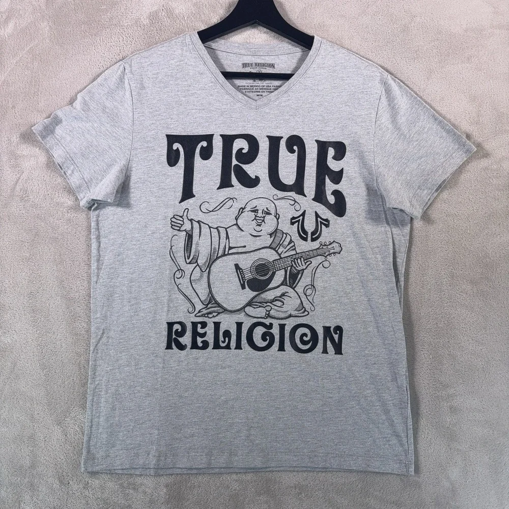 True Religion V Neck Shirt Mens Size Medium Gray Buddha Logo Retro Classic